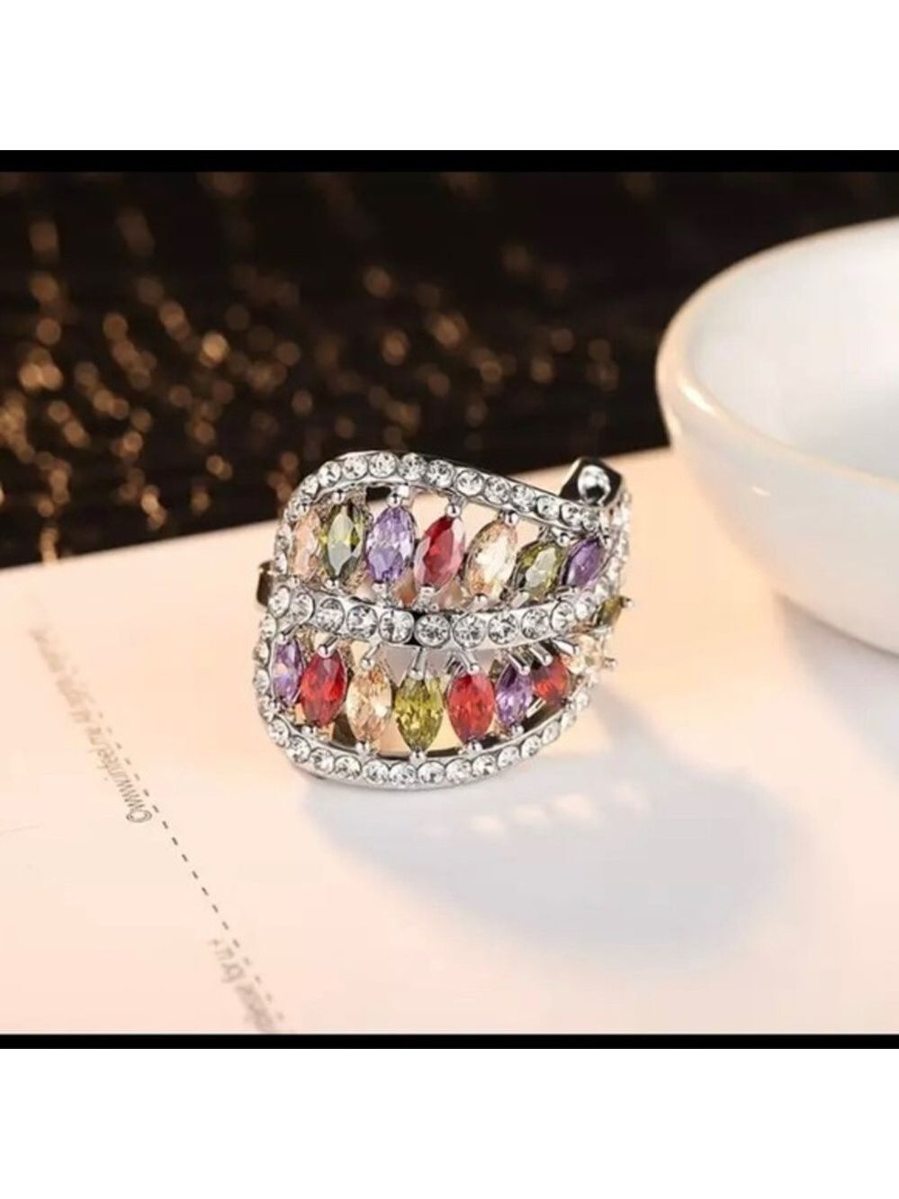 New Silver Rainbow Rhinestone Crystal Ring